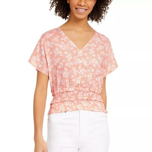 𝅺JR206 Planet Gold Coral Cloud Floral-Print Smocked-Waist Top Size XL - Picture 1 of 1